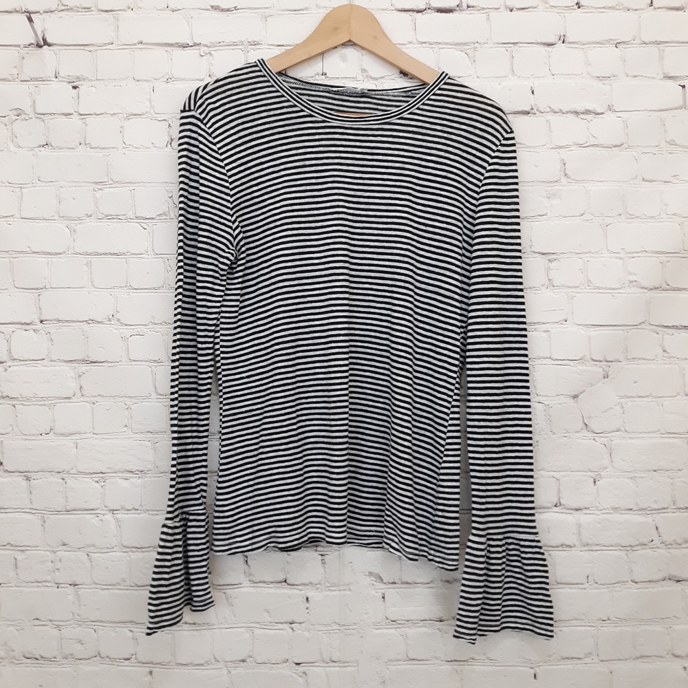 Frame Denim Linen Striped Top Black White S